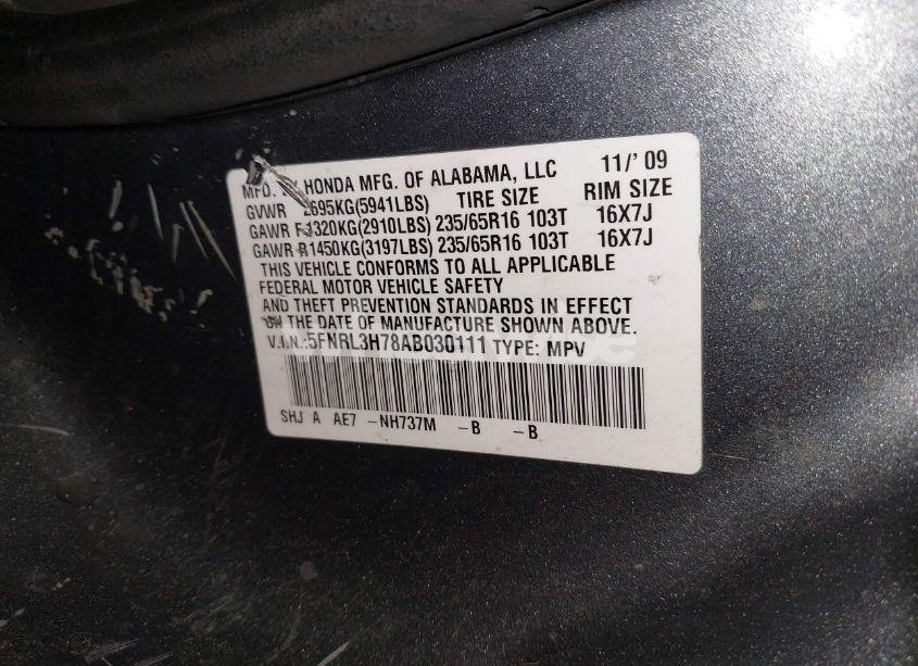 Photo 9 of 2010 Honda Odyssey EX-L (VIN 5FNRL3H78AB030111)