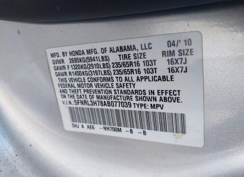 Photo 9 of 2010 Honda Odyssey EX-L (VIN 5FNRL3H78AB077039)