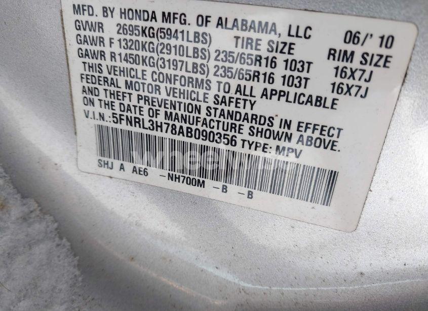 Photo 9 of 2010 Honda Odyssey EX-L (VIN 5FNRL3H78AB090356)