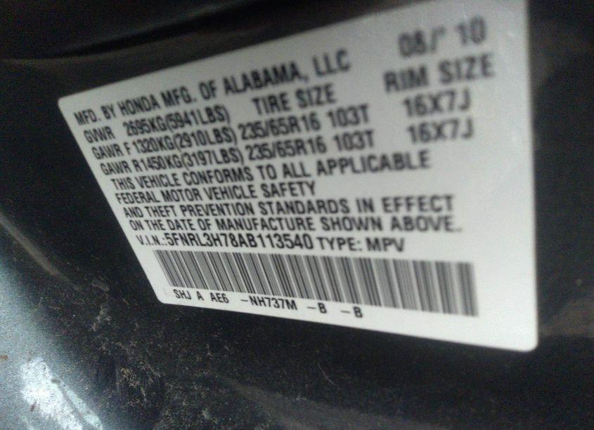 Photo 9 of 2010 Honda Odyssey EX-L (VIN 5FNRL3H78AB113540)