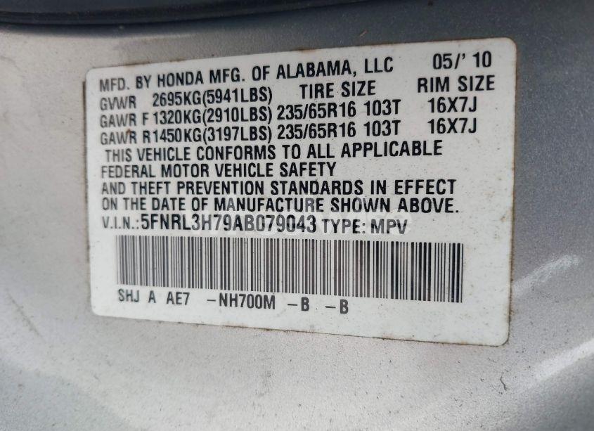 Photo 9 of 2010 Honda Odyssey EX-L (VIN 5FNRL3H79AB079043)