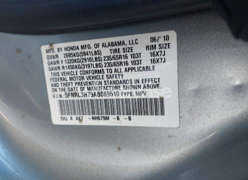 Photo 9 of 2010 Honda Odyssey EX-L (VIN 5FNRL3H79AB089510)