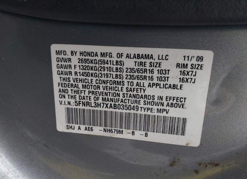 Photo 9 of 2010 Honda Odyssey EX-L (VIN 5FNRL3H7XAB035049)