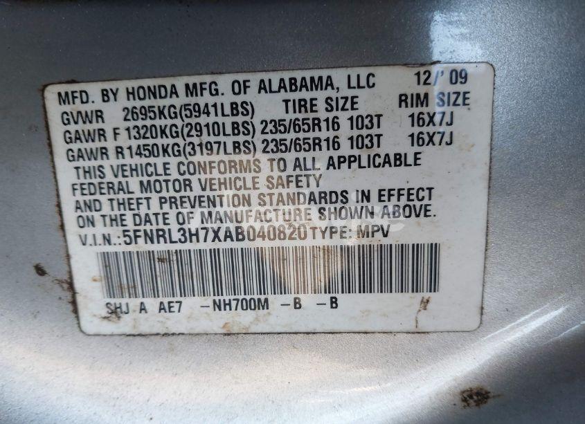 Photo 9 of 2010 Honda Odyssey EX-L (VIN 5FNRL3H7XAB040820)