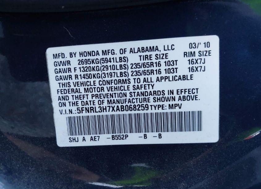 Photo 9 of 2010 Honda Odyssey EX-L (VIN 5FNRL3H7XAB068259)