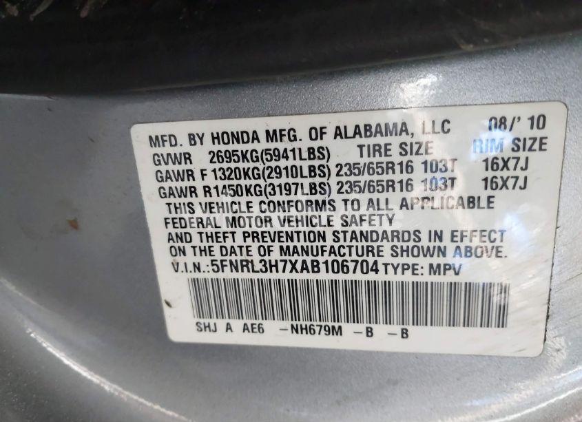Photo 9 of 2010 Honda Odyssey EX-L (VIN 5FNRL3H7XAB106704)