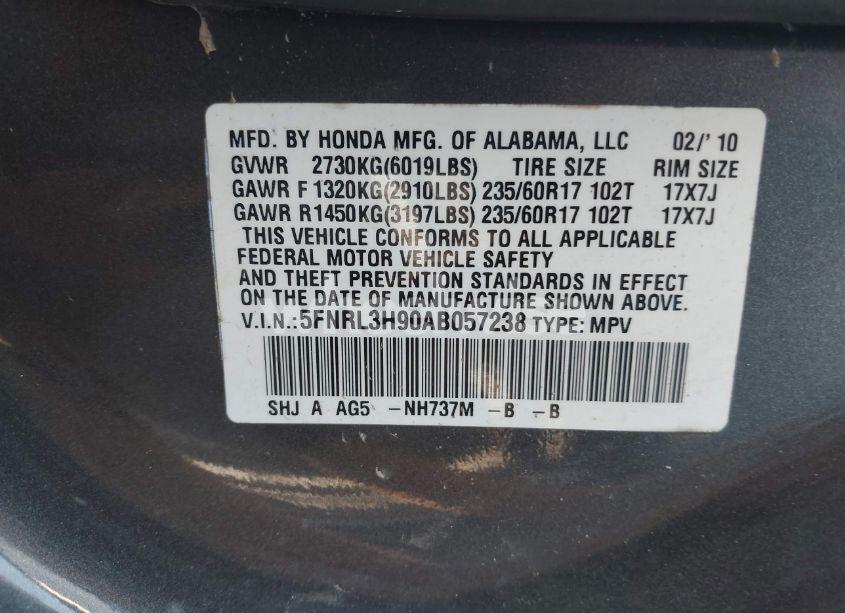 Photo 9 of 2010 Honda Odyssey TOURING (VIN 5FNRL3H90AB057238)