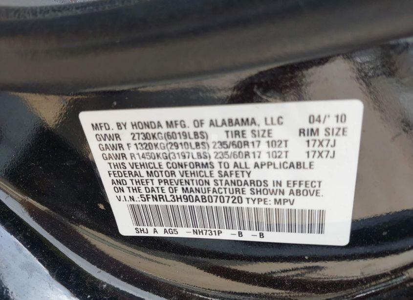 Photo 9 of 2010 Honda Odyssey TOURING (VIN 5FNRL3H90AB070720)