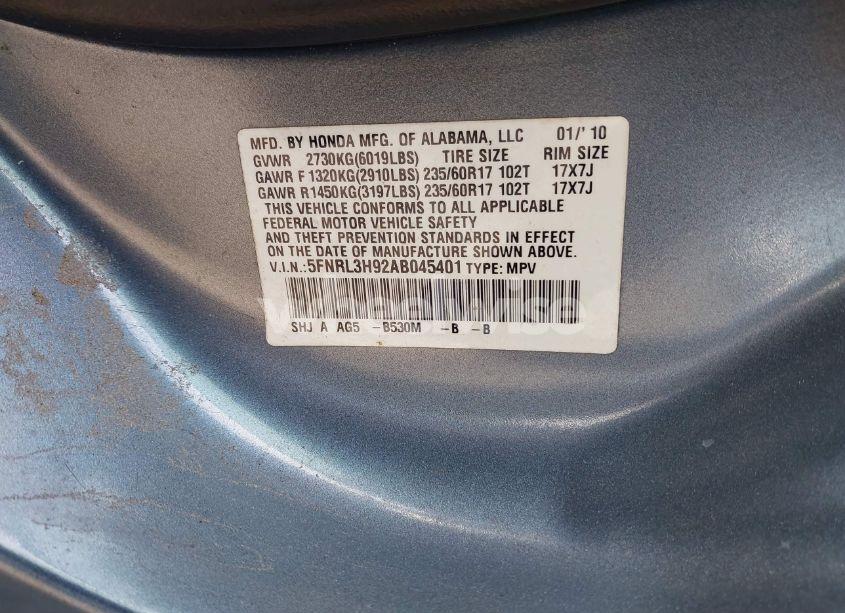 Photo 9 of 2010 Honda Odyssey TOURING (VIN 5FNRL3H92AB045401)