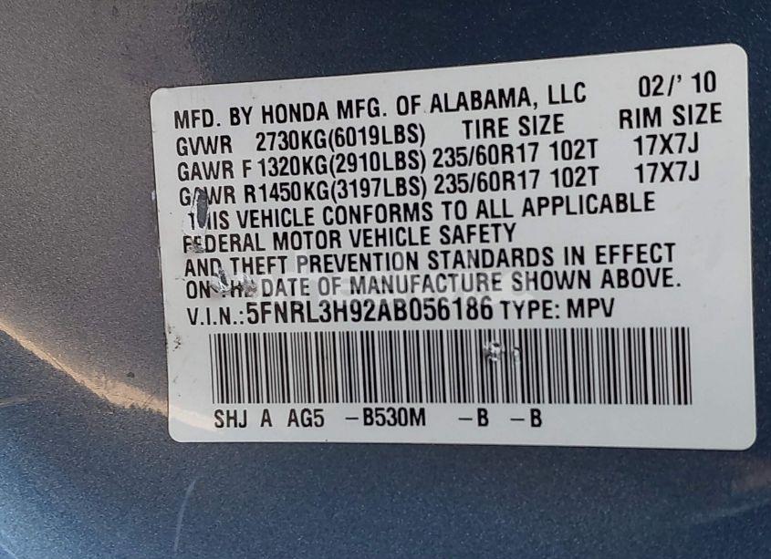 Photo 9 of 2010 Honda Odyssey TOURING (VIN 5FNRL3H92AB056186)