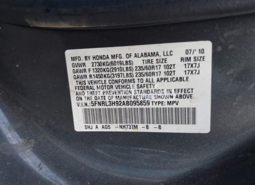 Photo 9 of 2010 Honda Odyssey TOURING (VIN 5FNRL3H92AB095859)