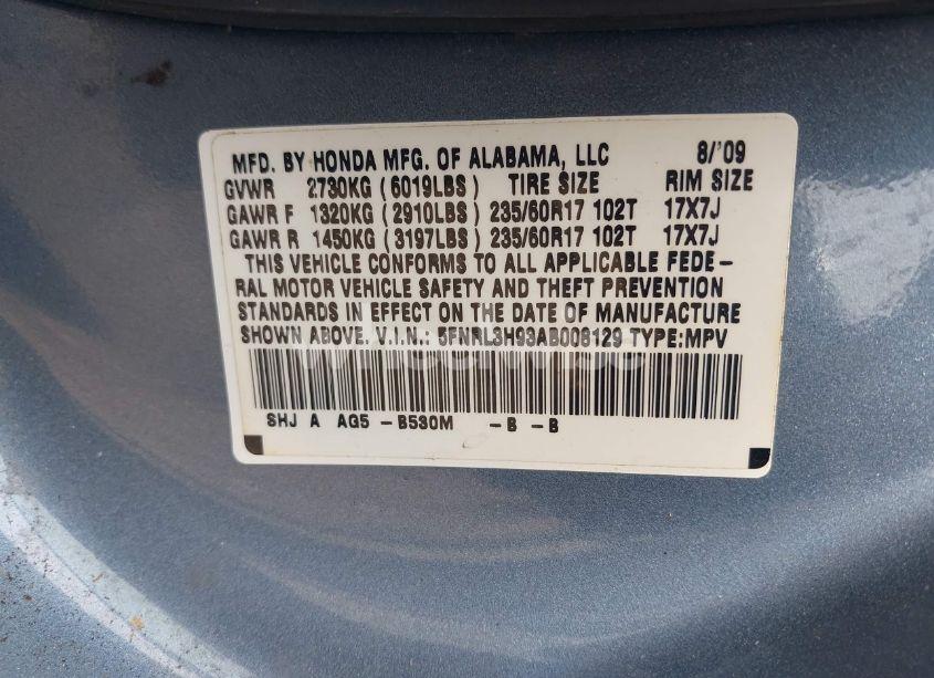 Photo 9 of 2010 Honda Odyssey TOURING (VIN 5FNRL3H93AB008129)