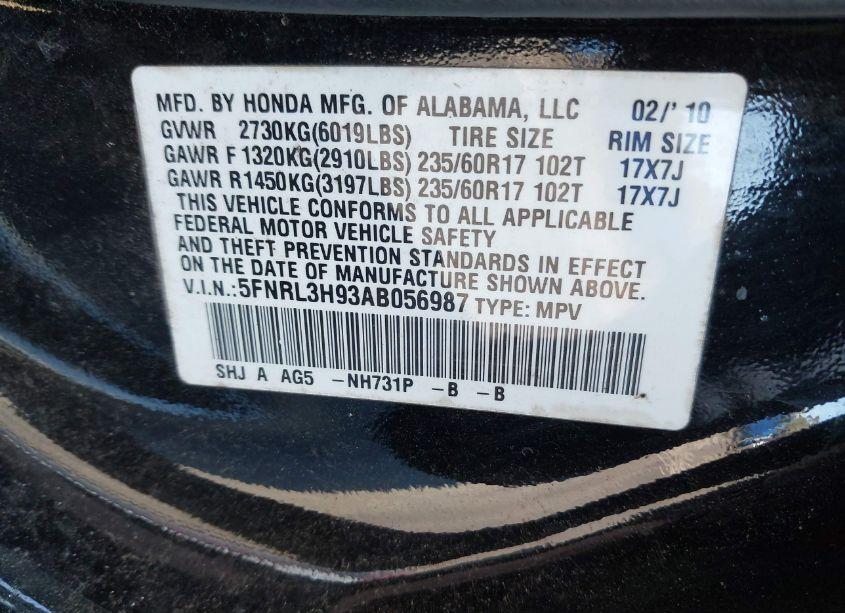 Photo 9 of 2010 Honda Odyssey TOURING (VIN 5FNRL3H93AB056987)