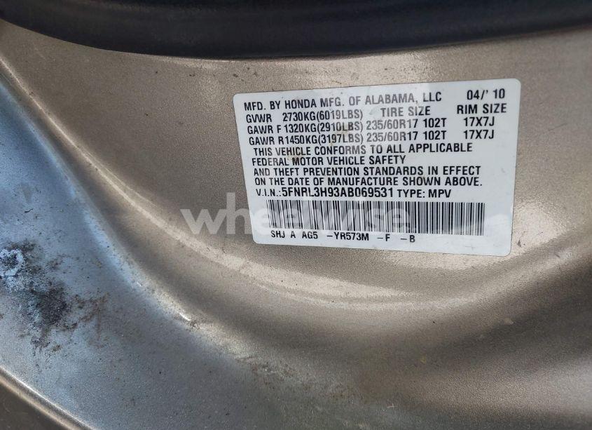 Photo 9 of 2010 Honda Odyssey TOURING (VIN 5FNRL3H93AB069531)