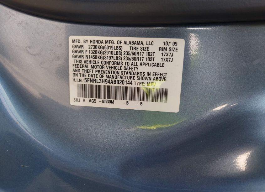 Photo 9 of 2010 Honda Odyssey TOURING (VIN 5FNRL3H94AB020144)