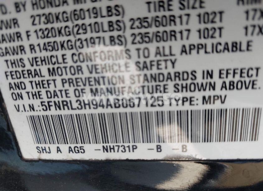 Photo 9 of 2010 Honda Odyssey TOURING (VIN 5FNRL3H94AB067125)