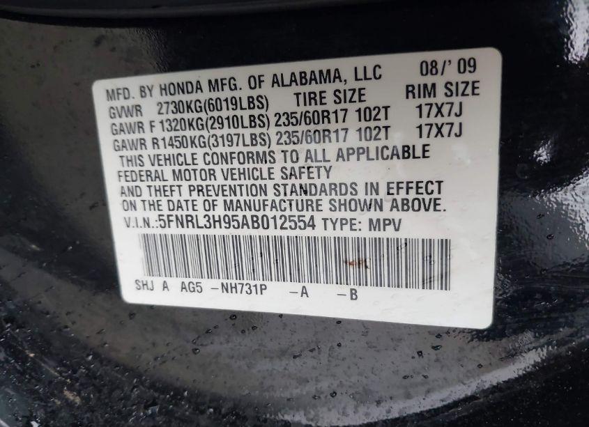 Photo 9 of 2010 Honda Odyssey TOURING (VIN 5FNRL3H95AB012554)