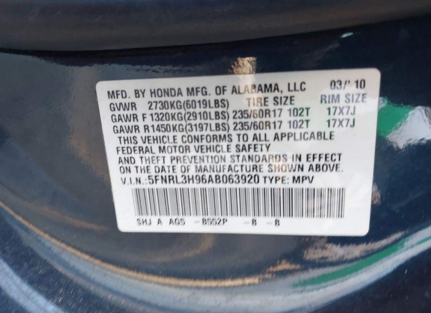 Photo 9 of 2010 Honda Odyssey TOURING (VIN 5FNRL3H96AB063920)