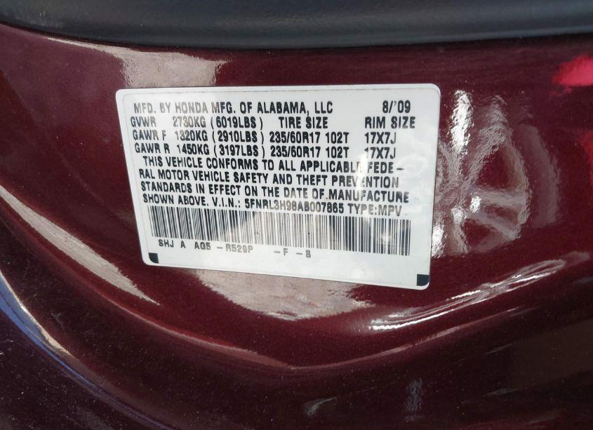 Photo 9 of 2010 Honda Odyssey TOURING (VIN 5FNRL3H98AB007865)