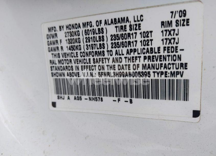 Photo 9 of 2010 Honda Odyssey TOURING (VIN 5FNRL3H99AB005395)