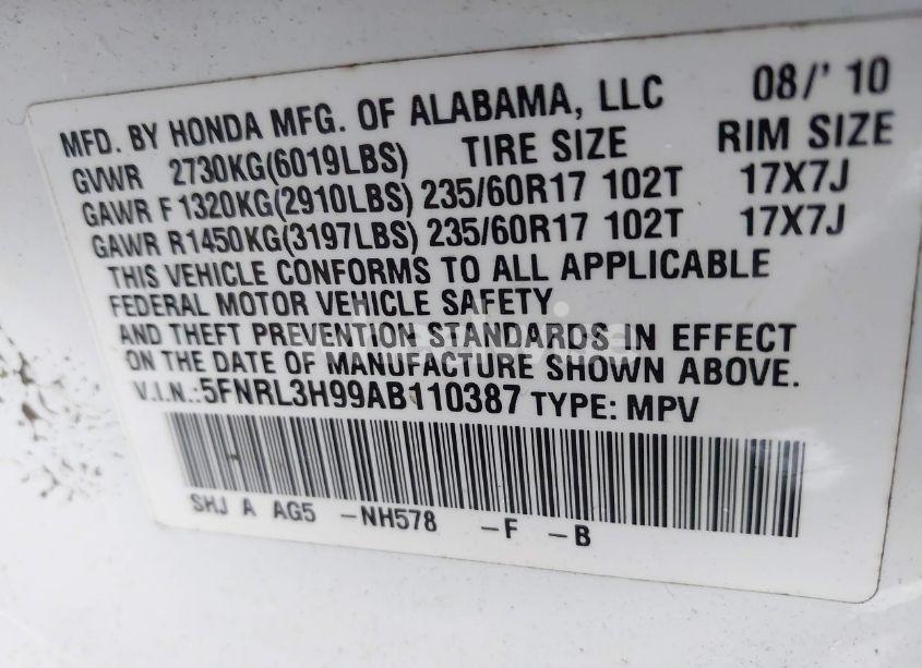 Photo 9 of 2010 Honda Odyssey TOURING (VIN 5FNRL3H99AB110387)