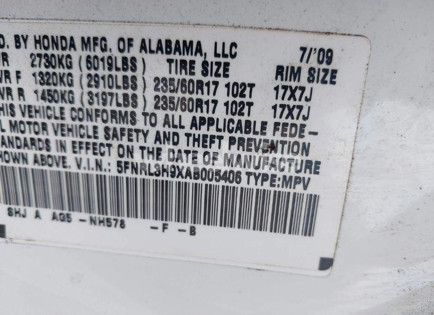 Photo 9 of 2010 Honda Odyssey TOURING (VIN 5FNRL3H9XAB005406)