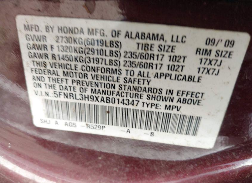 Photo 9 of 2010 Honda Odyssey TOURING (VIN 5FNRL3H9XAB014347)