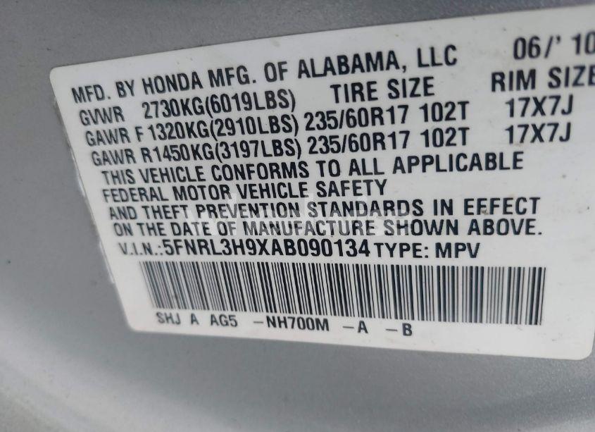 Photo 9 of 2010 Honda Odyssey TOURING (VIN 5FNRL3H9XAB090134)