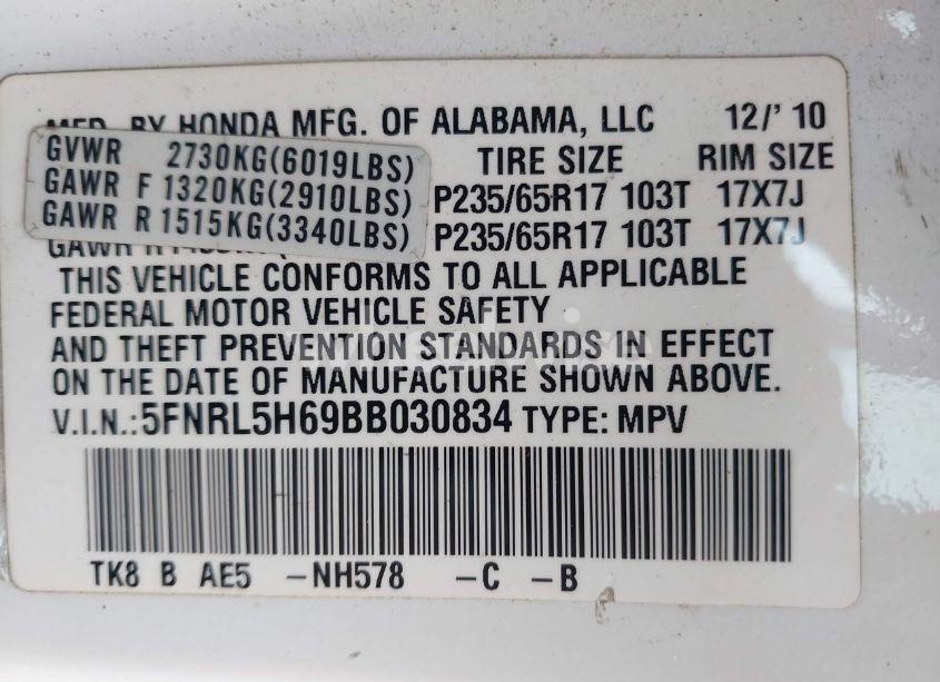 Photo 9 of 2011 Honda Odyssey EXL (VIN 5FNRL5869BB030834)