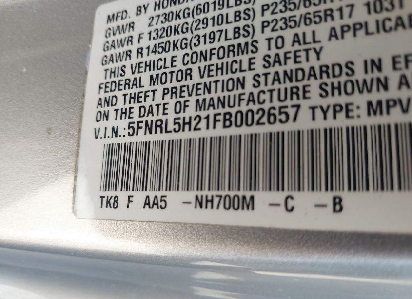 Photo 9 of 2015 Honda Odyssey LX (VIN 5FNRL5H21FB002657)