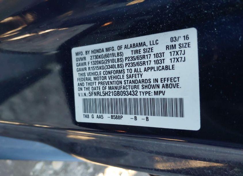 Photo 9 of 2016 Honda Odyssey LX (VIN 5FNRL5H21GB093432)