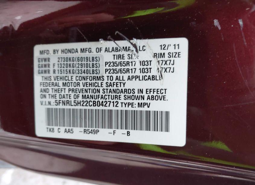 Photo 9 of 2012 Honda Odyssey LX (VIN 5FNRL5H22CB042712)