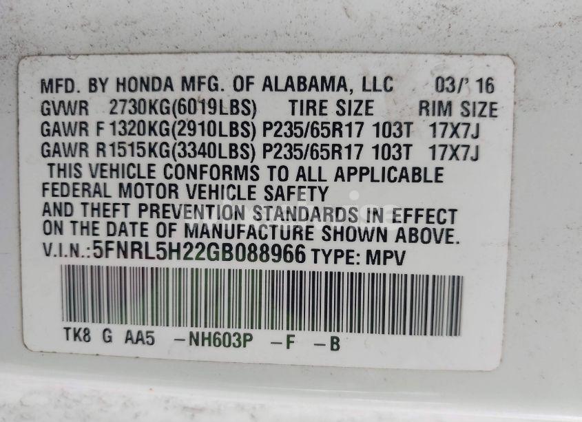 Photo 9 of 2016 Honda Odyssey LX (VIN 5FNRL5H22GB088966)