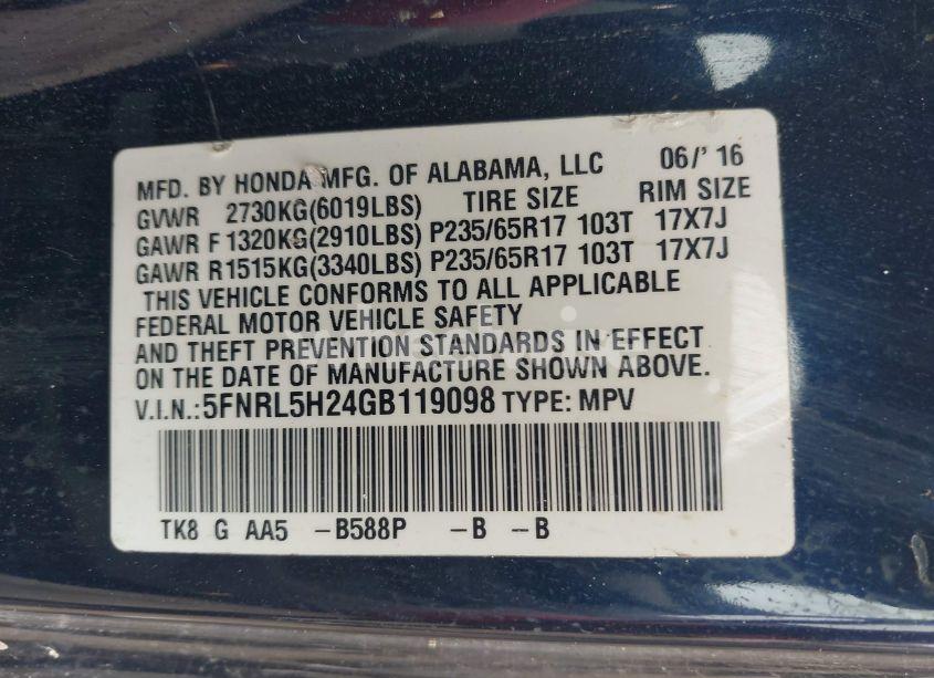 Photo 9 of 2016 Honda Odyssey LX (VIN 5FNRL5H24GB119098)