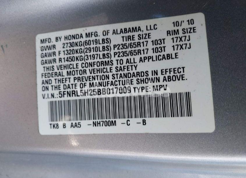 Photo 9 of 2011 Honda Odyssey LX (VIN 5FNRL5H25BB017009)