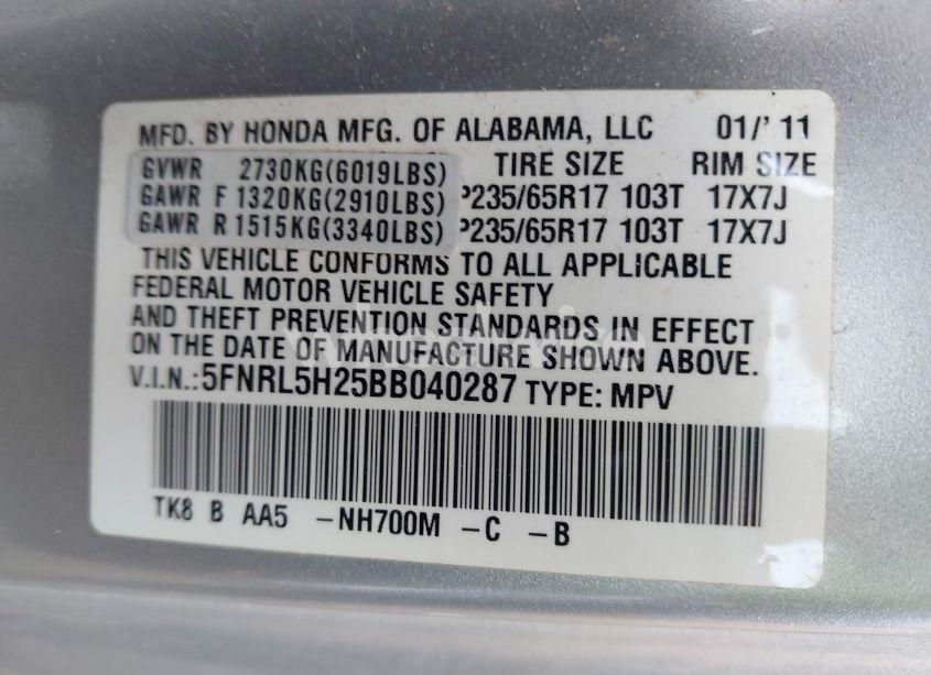 Photo 9 of 2011 Honda Odyssey LX (VIN 5FNRL5H25BB040287)