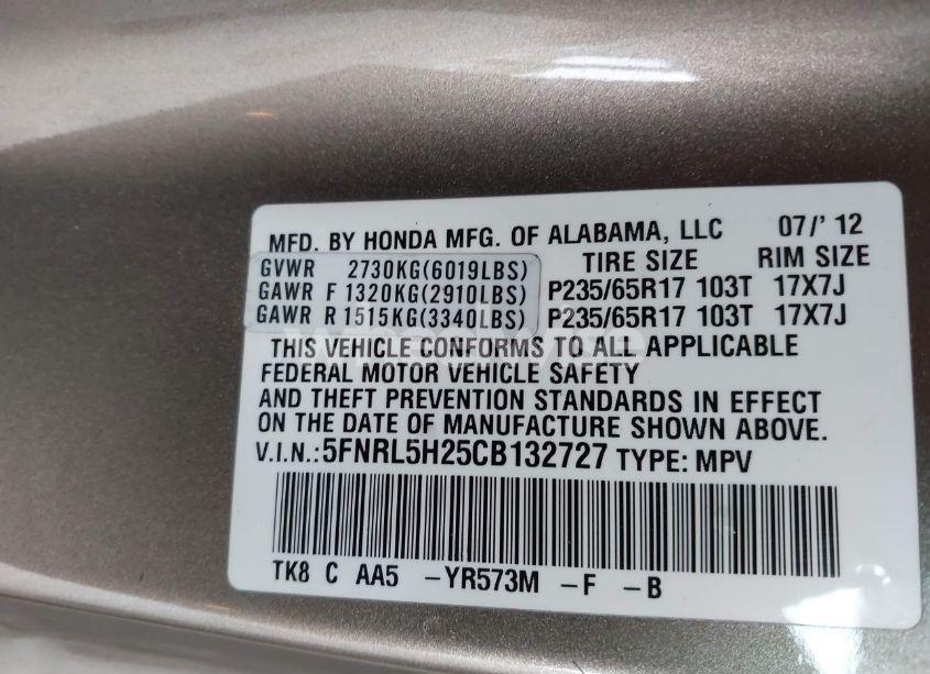Photo 9 of 2012 Honda Odyssey LX (VIN 5FNRL5H25CB132727)