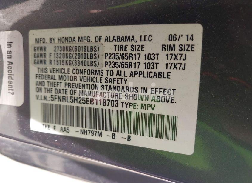 Photo 9 of 2014 Honda Odyssey LX (VIN 5FNRL5H25EB118703)