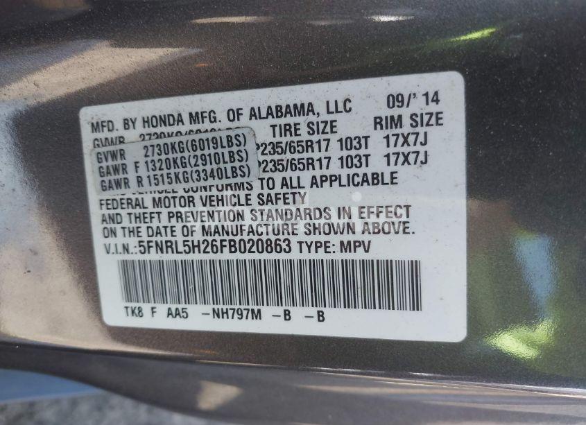 Photo 9 of 2015 Honda Odyssey LX (VIN 5FNRL5H26FB020863)