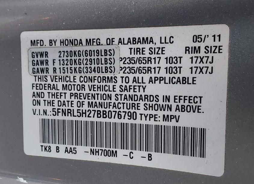 Photo 9 of 2011 Honda Odyssey LX (VIN 5FNRL5H27BB076790)