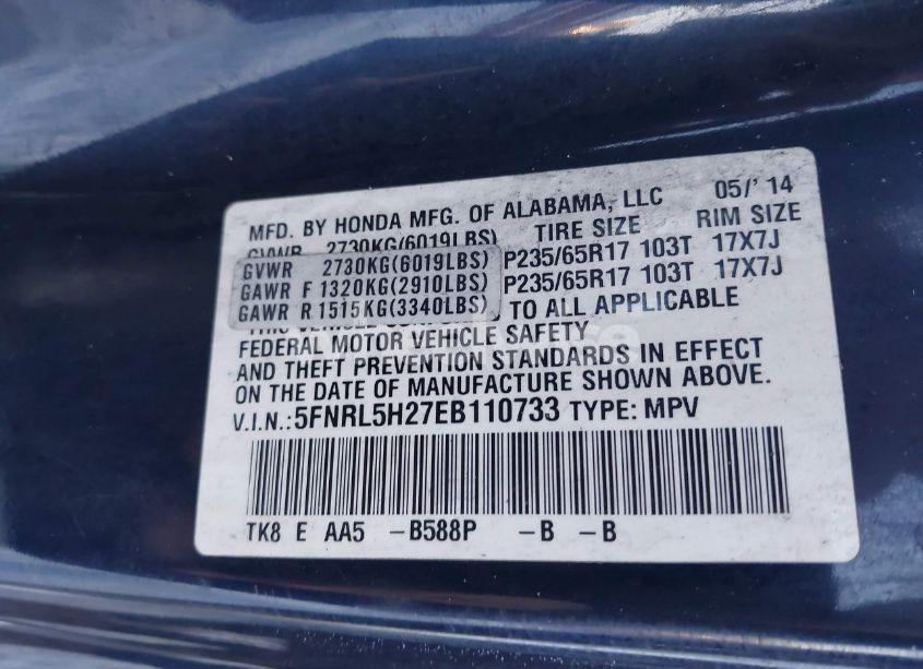 Photo 9 of 2014 Honda Odyssey LX (VIN 5FNRL5H27EB110733)