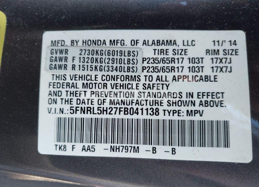 Photo 9 of 2015 Honda Odyssey LX (VIN 5FNRL5H27FB041138)