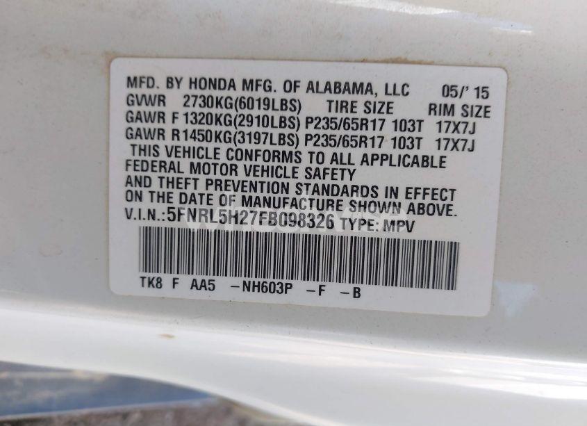 Photo 9 of 2015 Honda Odyssey LX (VIN 5FNRL5H27FB098326)