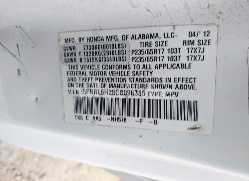 Photo 9 of 2012 Honda Odyssey LX (VIN 5FNRL5H28CB096385)