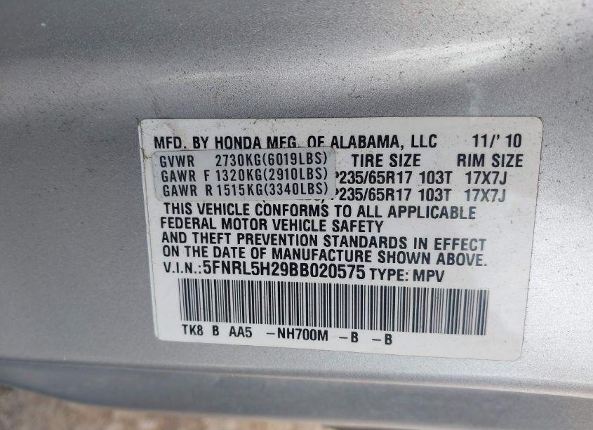 Photo 9 of 2011 Honda Odyssey LX (VIN 5FNRL5H29BB020575)