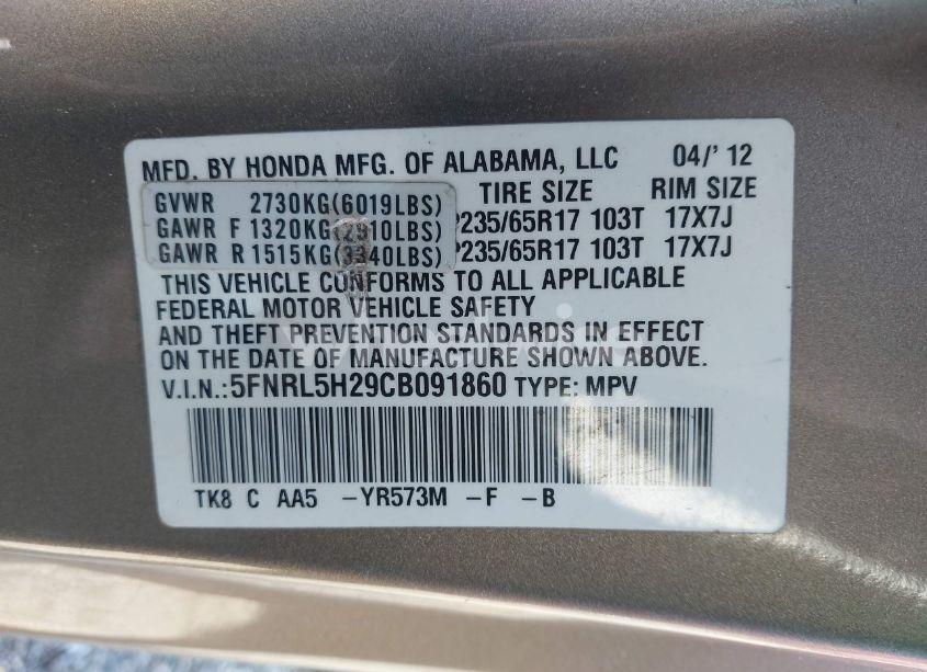 Photo 9 of 2012 Honda Odyssey LX (VIN 5FNRL5H29CB091860)