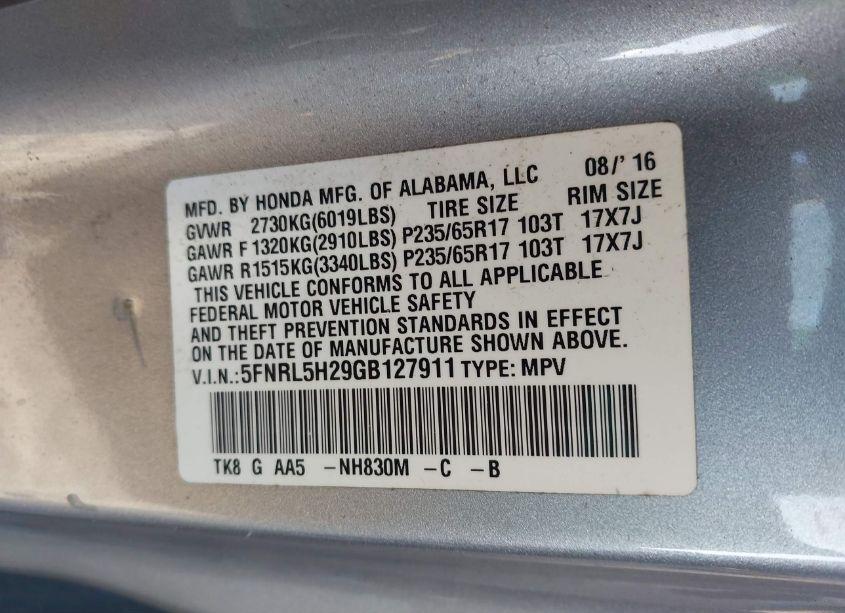 Photo 9 of 2016 Honda Odyssey LX (VIN 5FNRL5H29GB127911)