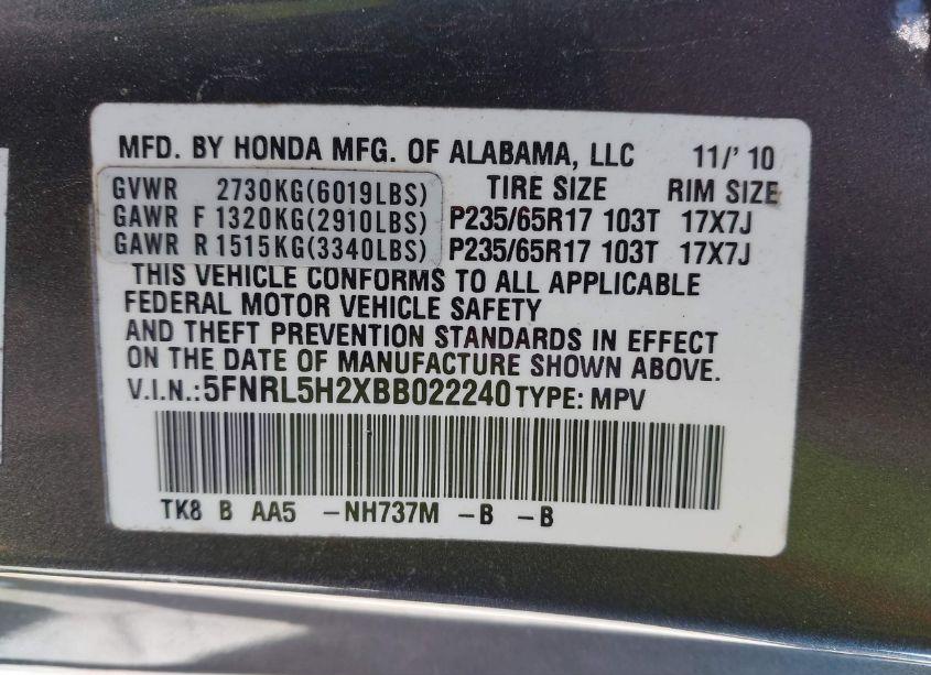 Photo 9 of 2011 Honda Odyssey LX (VIN 5FNRL5H2XBB022240)