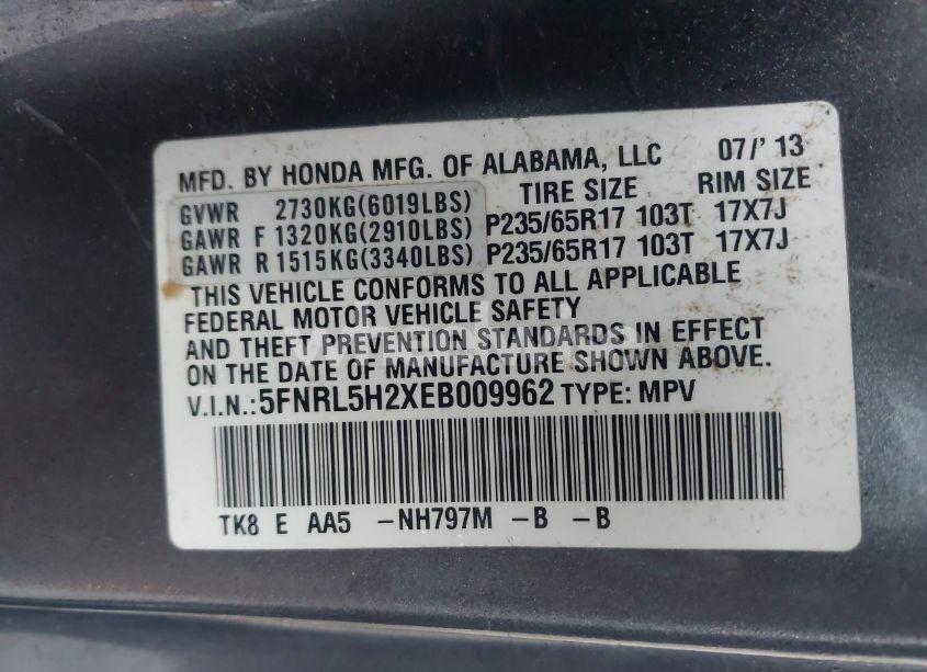 Photo 9 of 2014 Honda Odyssey LX (VIN 5FNRL5H2XEB009962)