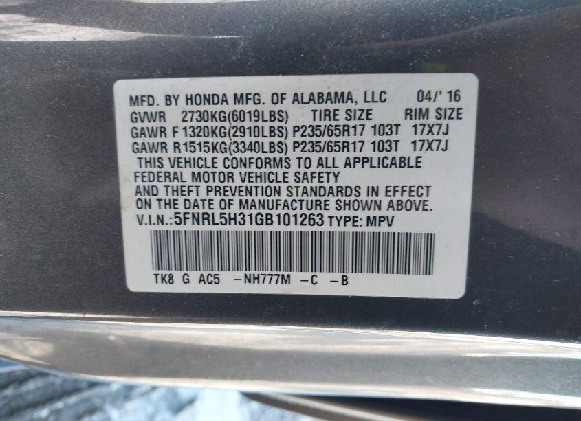 Photo 9 of 2016 Honda Odyssey SE (VIN 5FNRL5H31GB101263)